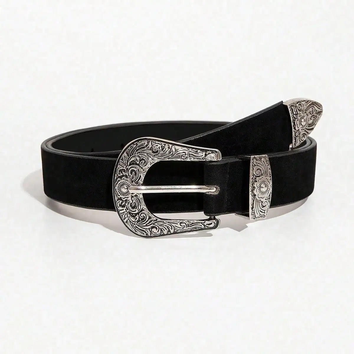 Schwarzer Vintage-Bohemien-Stil für Damen, leichter Luxus-Samtgürtel mit silberner Gravur und Metallschnalle für Jeans, ein vielseitiges Accessoire