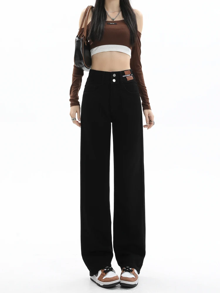 검은 넓은 다리 청바지 여성 스트레이트 슬리밍 높은 허리 봄과 가을 2023 새로운 플러스 사이즈 디자인 감각 틈새 바지 