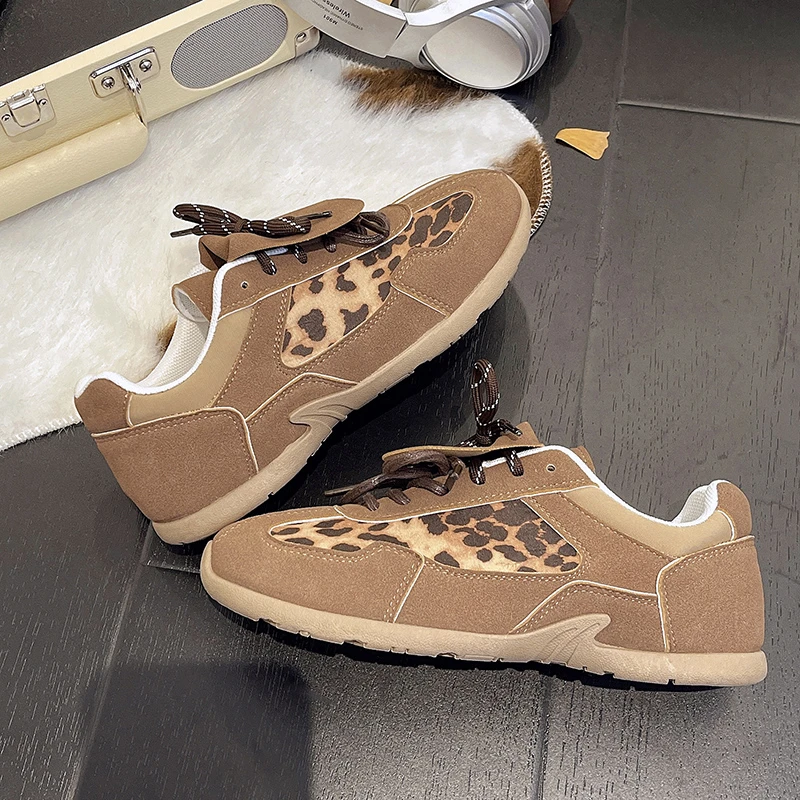 Leopard Brown Vintage Vulcanized Shoes Letter Printed Sports Falts Patchwork Lace-up Streetwear Sneakers Casual Shoes For Women 6