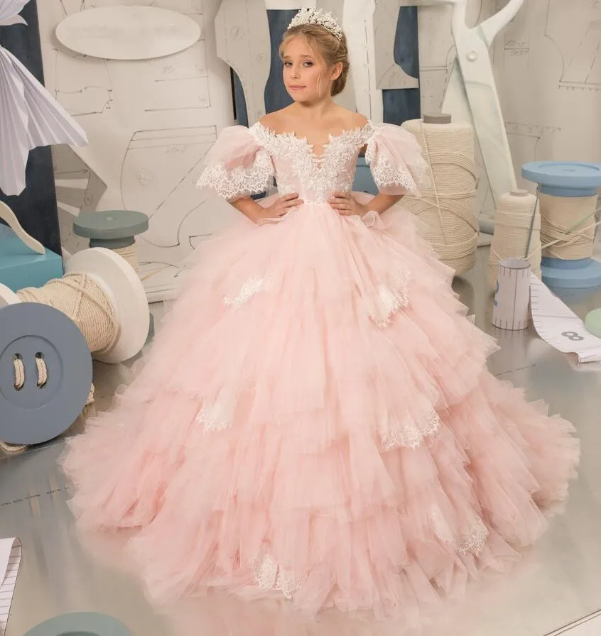 

Kids Flower Girl Dresses Off Shoulder Girl Dresses Fluffy Tulle Kids Formal For Wedding Party Holy Communion Dresses