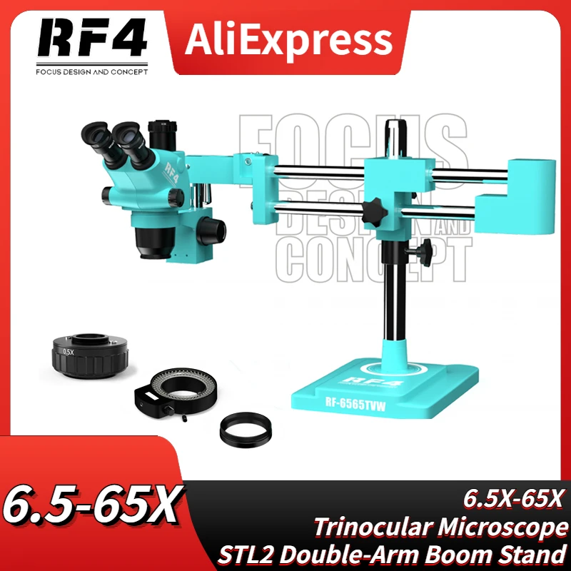 RF4RF6565TVWTrinocularStereoMicroscopeSTL2DoubleArmBoomStand