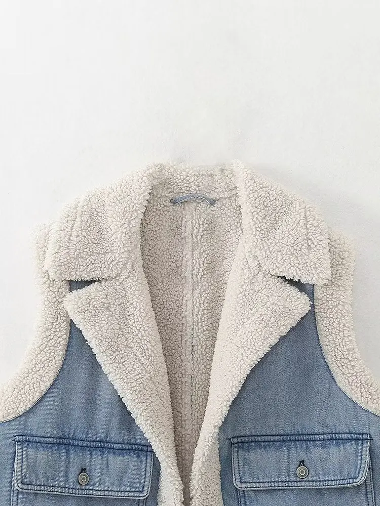 Withered European And American Denim Vest Fashion Women's With Plush Pockets Casual Jacket Girls Tops