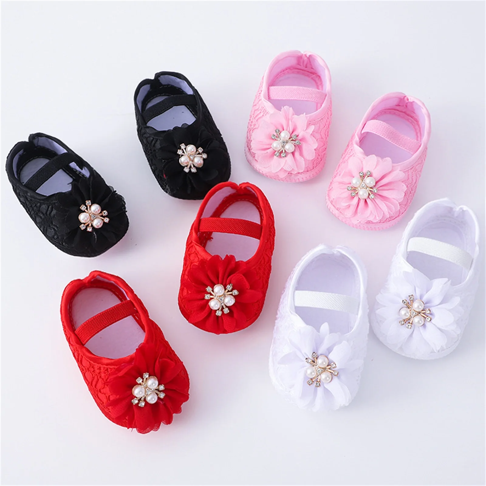 Casual Shoes Infant Baby Girls Flats Headband Soft Sole Non-slip Pearl Flower Princess Wedding Dress Walking for Newborn