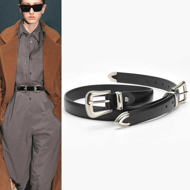 

Designer Double Buckle Women men Waistband Western Cowgirl Waist Metal Dress Belt Casual Pin Buckle Retro Ceinture Femme Luxe