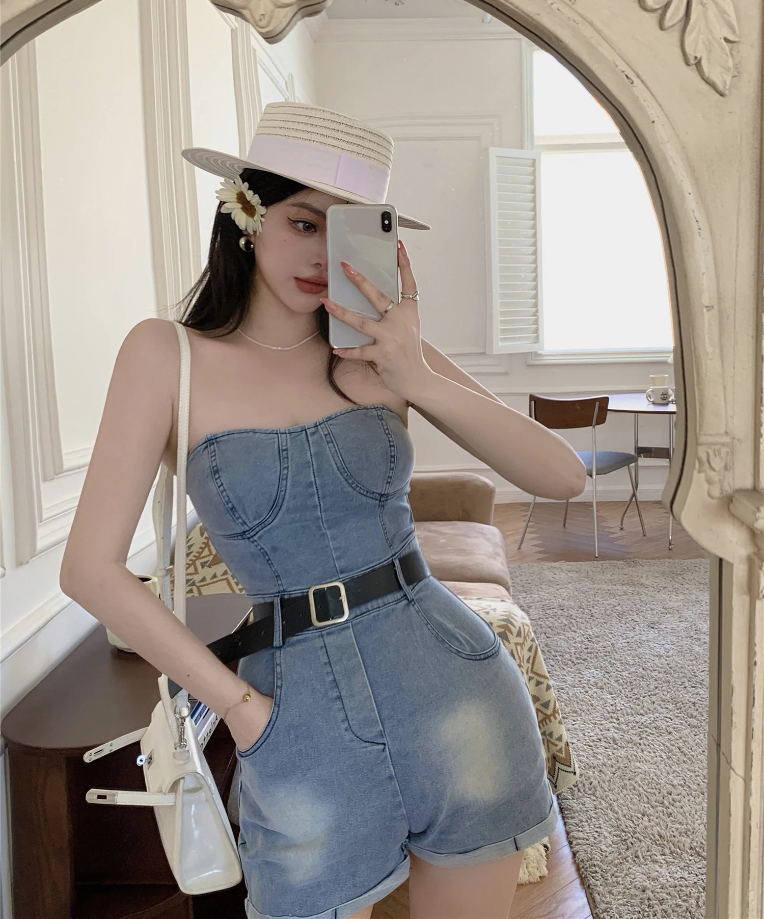 Women's Chic Strapless Slim Denim Playsuit Lady Summer Sexy Streetwear Solid Color Sleeveless Rompers