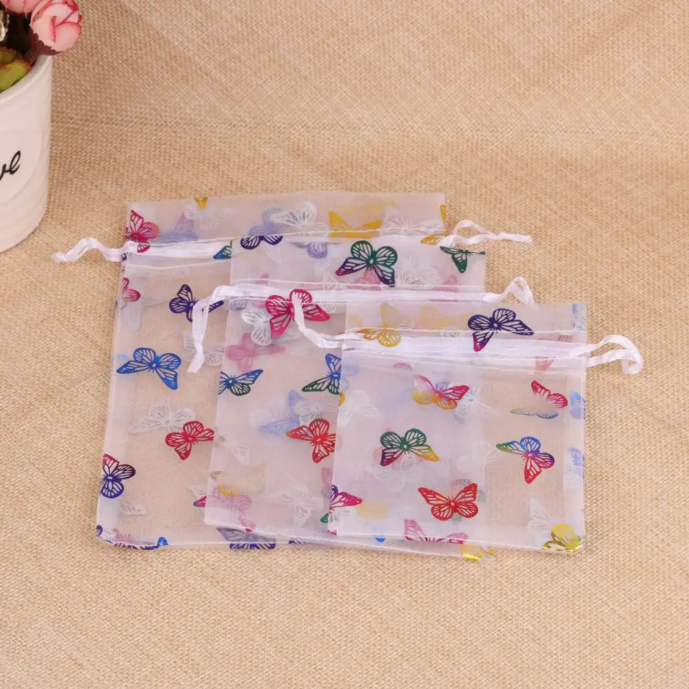 Sac cadeau en organza pour fête de mariage, sac à bijoux papillon coloré, pocommuniste pour bonbons, emballage de bijoux, vente en gros, 10 pièces par lot, 25 pièces par lot