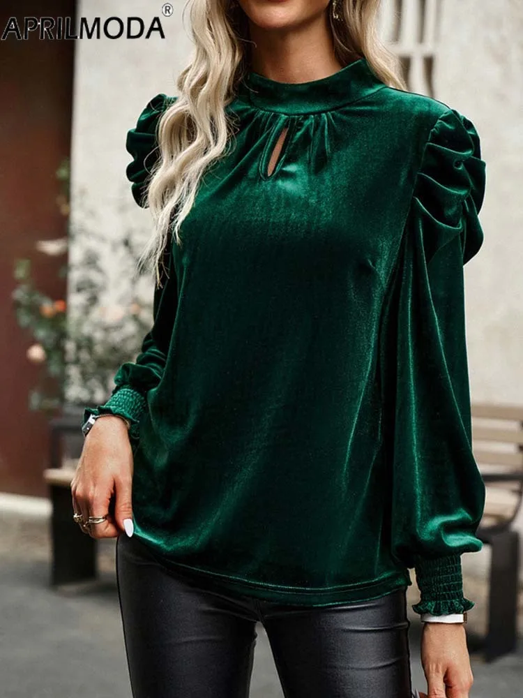 

Однотонная винтажная бархатная женская блузка для офиса, офисная одежда, элегантная зеленая розовая осенне-зимняя повседневная Свободная рубашка с длинным рукавом