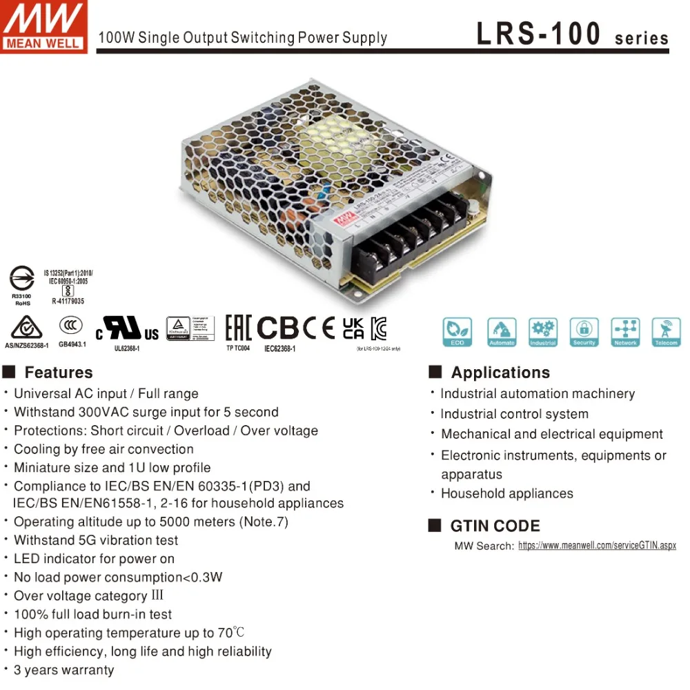 MeanWell 단일 출력 스위칭 전원 공급 장치, LRS100-12V 전원 공급 장치, 100W, 5V, 12V, 15V, 24V, 36V, 48V