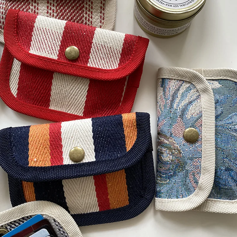 Canvas Hasp Credit Card Holder Wallet Women Men Small Striped Plaid Coin Bags Headphone Key Id Credit Card Cover Storage Bags