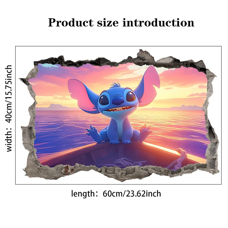 Colorful Lilo & Stitch wall stickers arranged on a child’s bedroom wall, featuring playful poses and tropical elements colorful dimensions