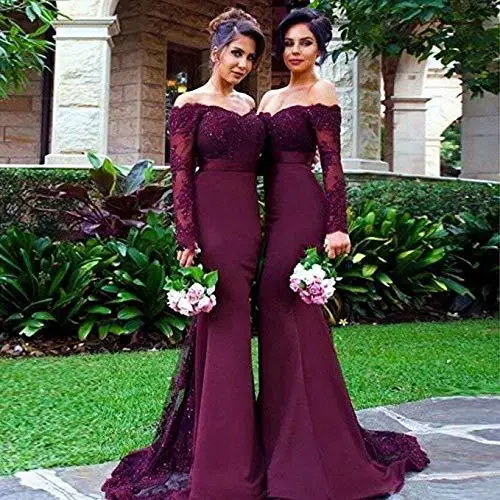 

Mermaid Bridesmaid Dresses Lace Satin Long Sleeved Evening Gowns Off Shoulder Elegant Robe Women for Wedding Party Long Vestido