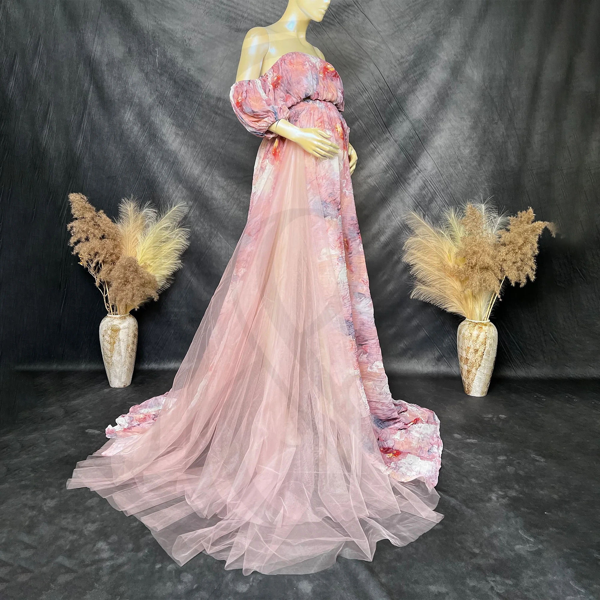 Don&Judy Maternity Dress Photography Off Shoulder Tie Dye Print Side With Tulle Party Wedding Gown Pregnant Women Photoshoot Set