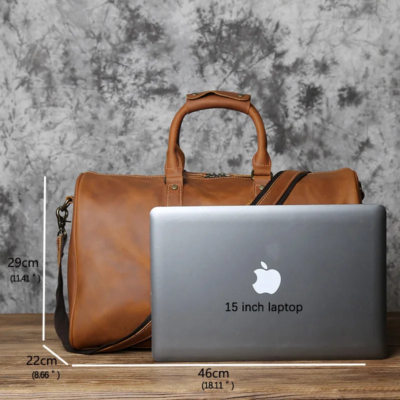 NZPJ Retro Men's Travel Bag Leather Large-Capacity Handbag First Layer Cowhide Zipper Shoulder Messenger Bag 15 Inch Laptop