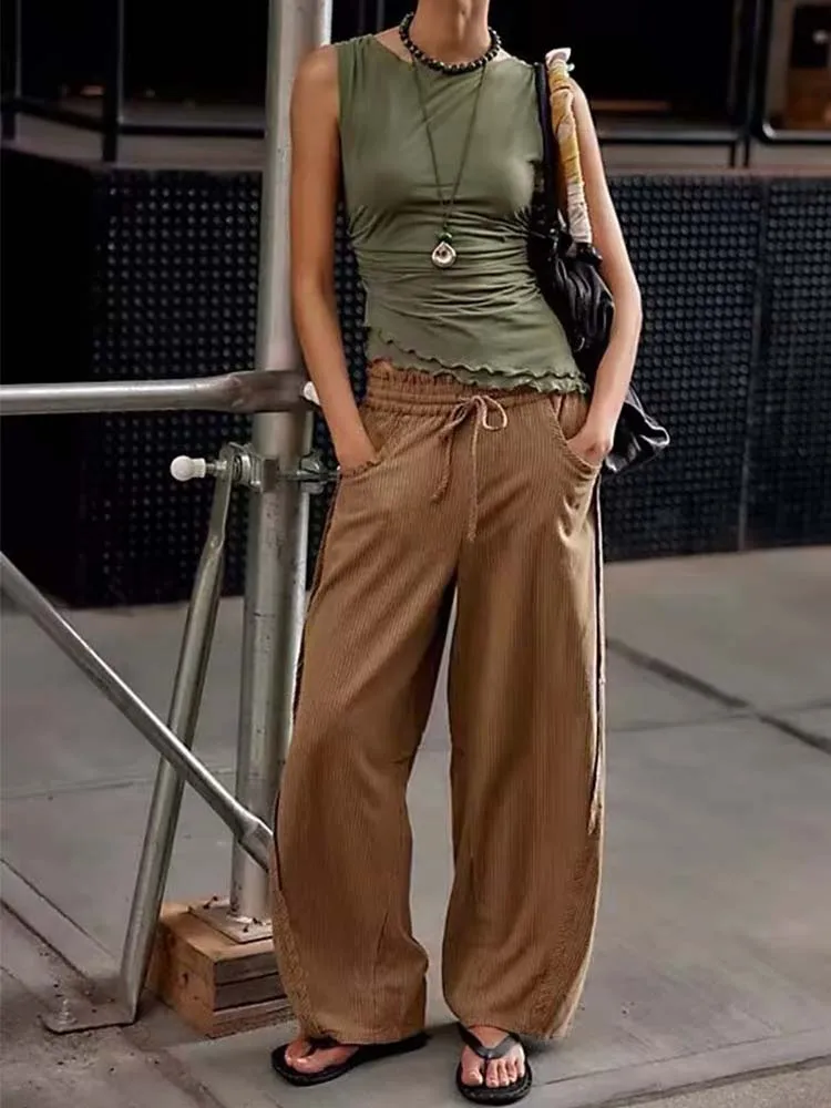 Fashion Chic Striped Print Women Pants Side Pockets Long Straight Loose Pants 2025 Autumn Streetwear Female Trousers