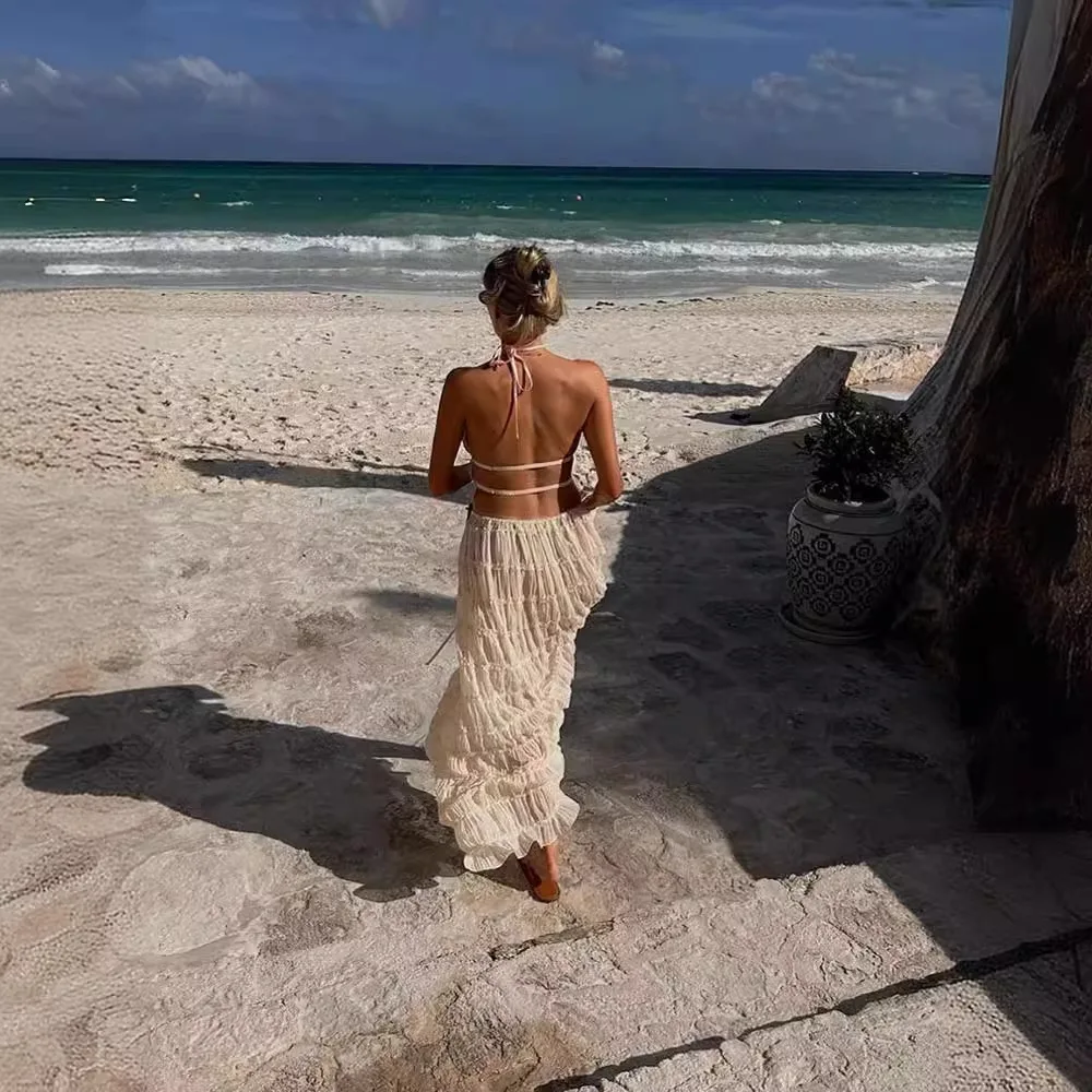 2024 Spring Summer Female 2 Piece Set Fashion Solid Hang Neck Long Skirt Suit Women Backless Sling Top Lace Up Fold Maxi Skirts - Image 4