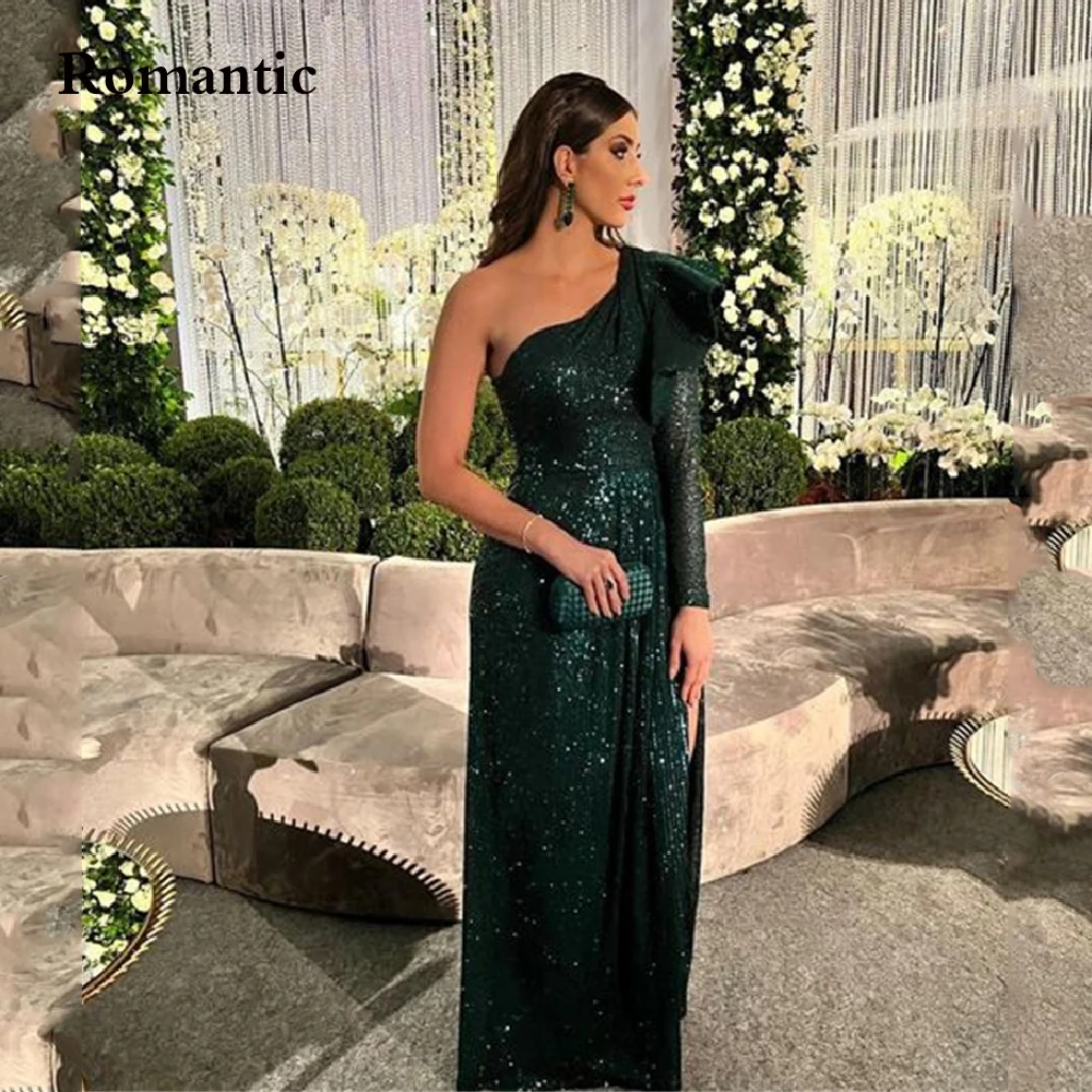 

Romantic Navy Blue Glitter Prom Dress Side High Slit One Shoulder Floor Length Saudi Arabia Long Evening Gowns Vestido For Women