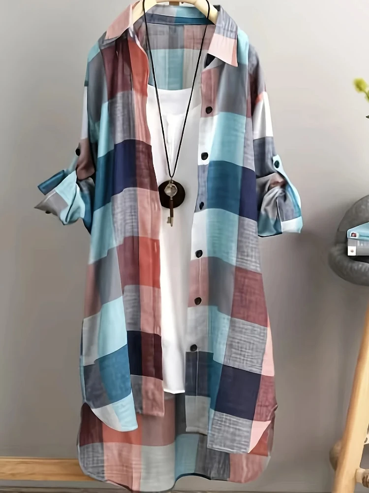 Plus Size Women’s Blouses 2025 New Loose Vintage Stripe Plaid Shirt Lightweight Long Sleeve Travel Wear Elegant Top Korean Style Best Sellers In Plus Sized Clothing