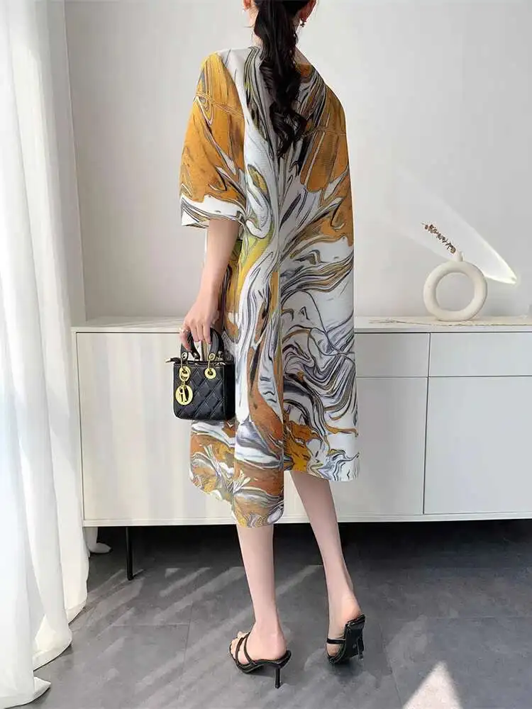LANMREM Summer Printting Pleated Dress For Women 2025 New Loose Causal Round Collar Half Sleeve Knee Length Dresses Chic 2DB2878 - Image 3