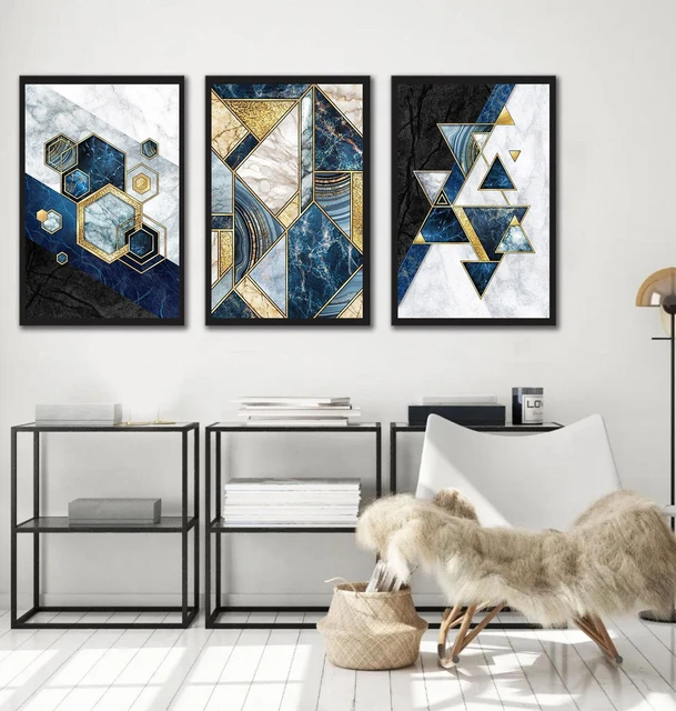 quadro decorativo 3 peças estilo moderno azul decoração sala quarto