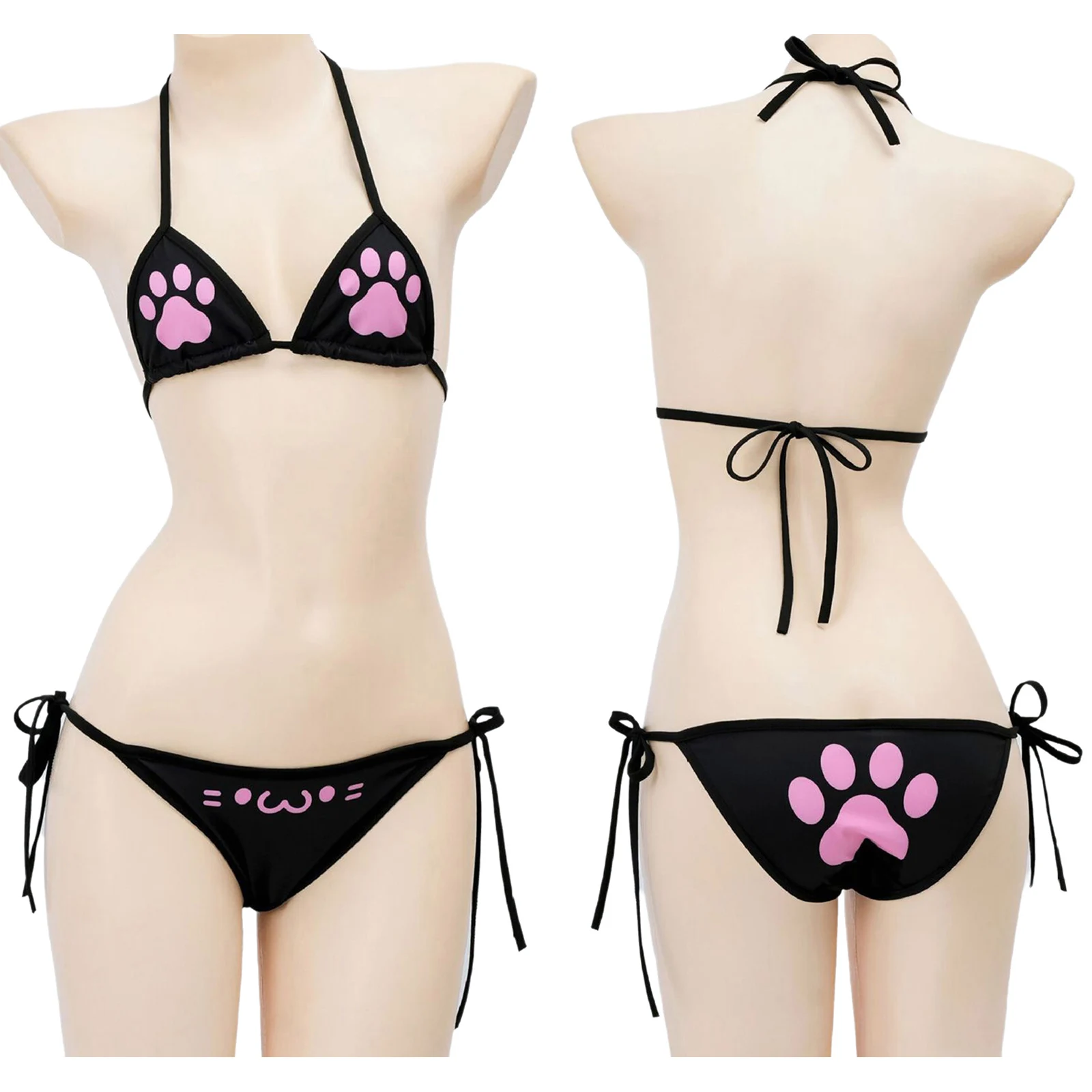 Women Anime Kitten Paw Print Bikini Outfits No-pad Triangle Cup Bra and Side Lace-up Low Rise Panties Set for Pool Party Beach