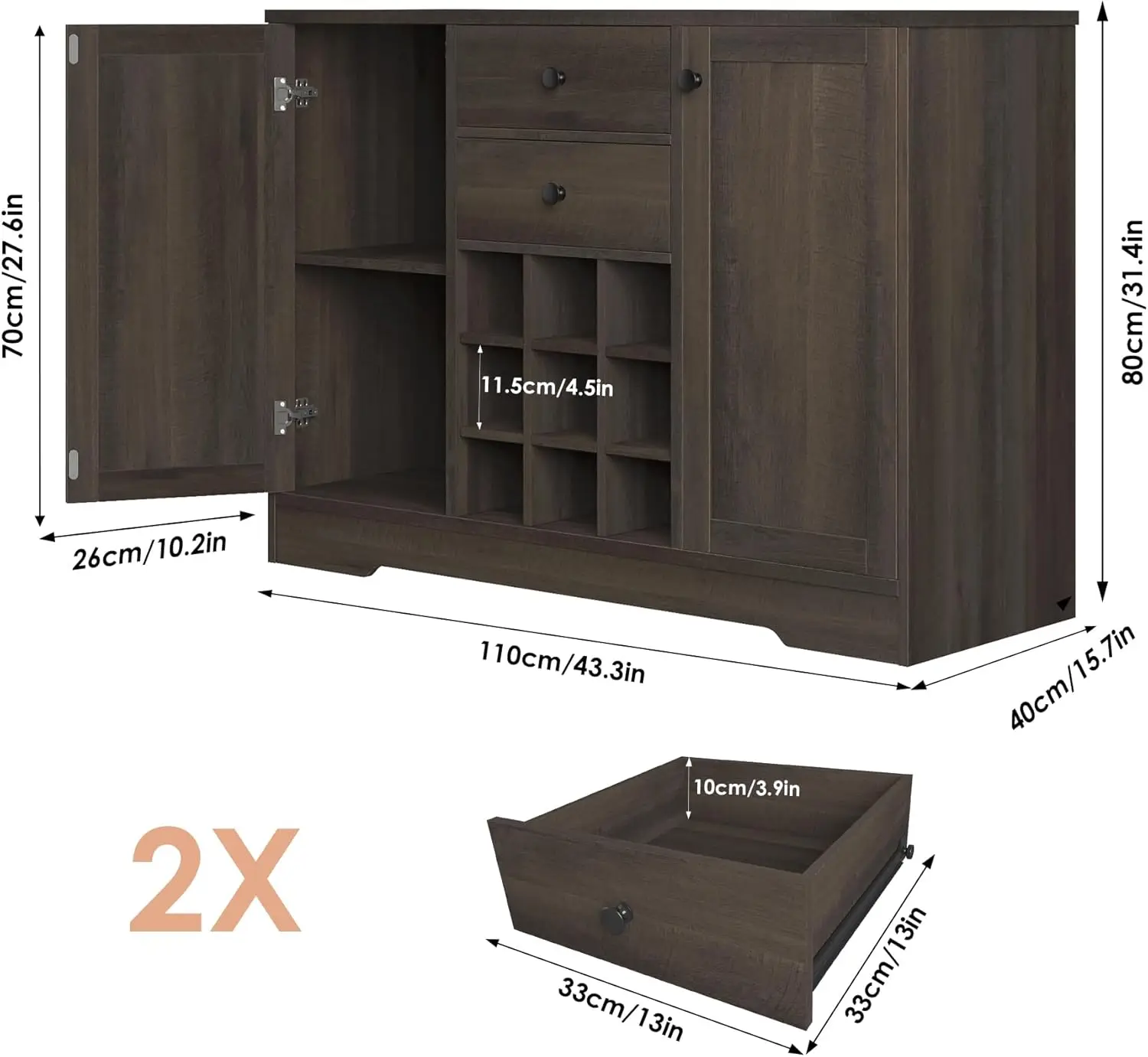 Buffet Sideboard Bar Cabinet with Storage, Farmhouse Coffee Bar Cabinet with 2 Drawers and Adjustable Shelves, 43.3&rsquo; Kitchen