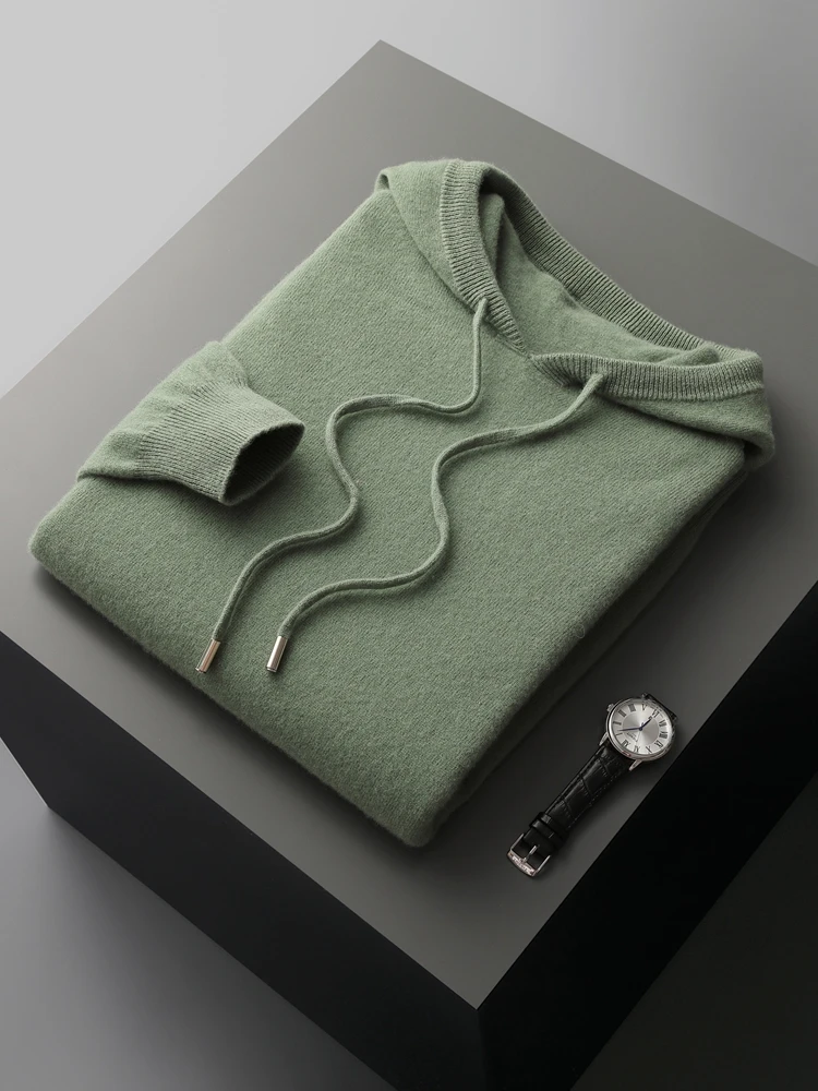 New Autumn Winter Men's Cashmere Hoodie Sweater 100% Merino Wool Hooded Pullover Large Size Knitwear Quality Soft Casual Jumpers 6