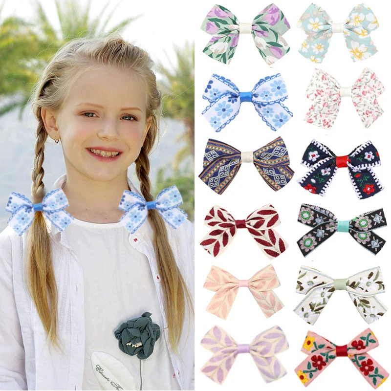 Oaoleer 2Pcs/set Embroidery Bow Hair Clips For Baby Girls Fashion Bohemia Daisy Hair Pin Kids Headwear Children Hair Accessories