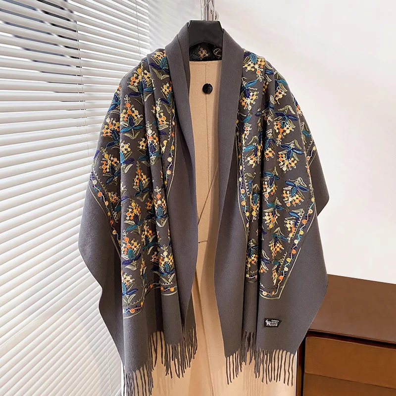 2024 Elegant Ladies' Embroidery Pashmina Scarves Winter Thick Warmth Long Tassel The Shawl Coldproof Windproof Blanket Scarf