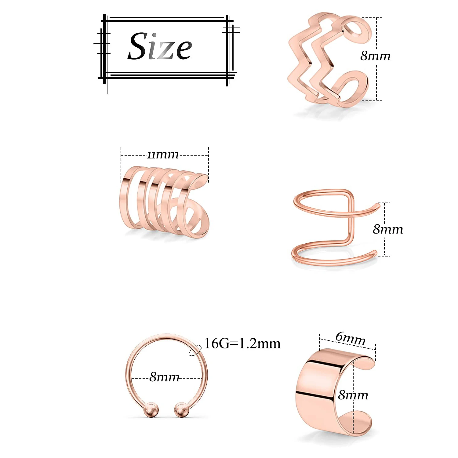 2-20pcs Rosegold Stainless Steel Adjustable Non-Piercing Cartilage Clip On Wrap Earrings Fake Helix Ear Cuff Fake Lip Nose Ring