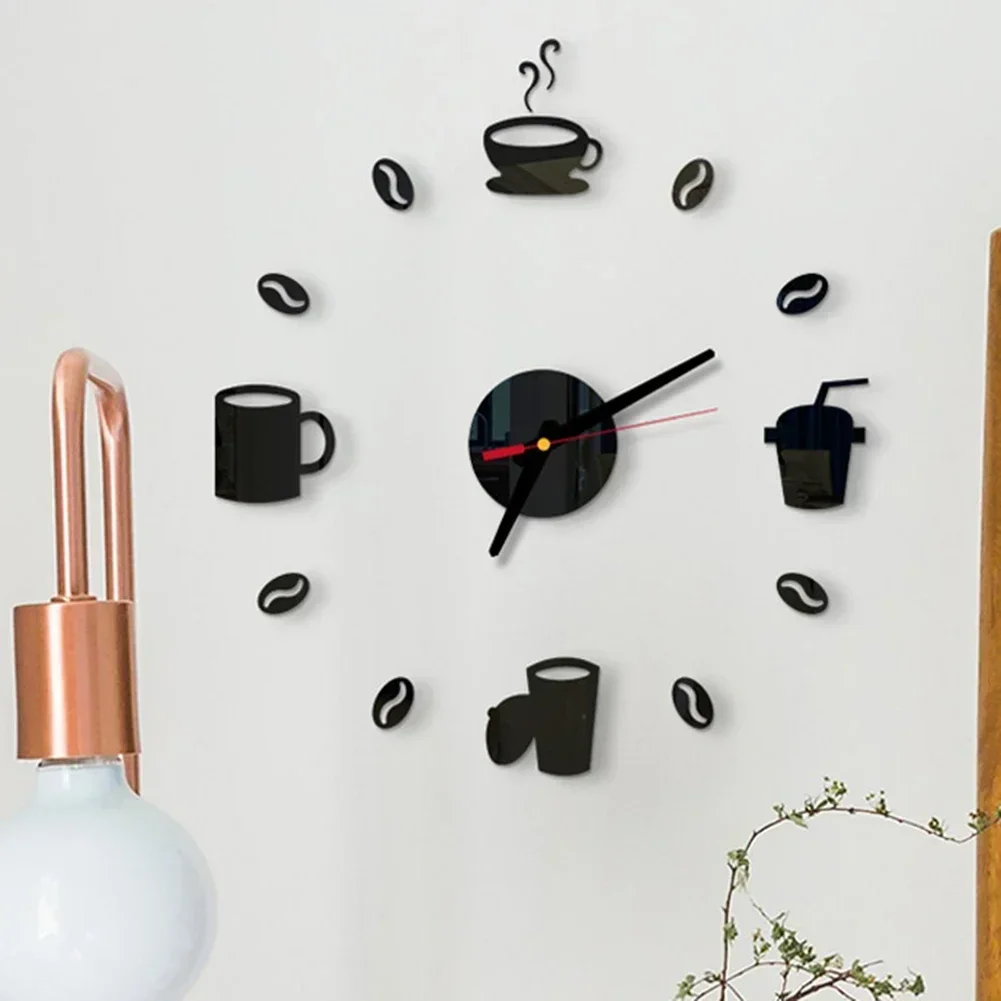3D Acrylic Coffee Cup Mirror Wall Clock DIY Kitchen Living Room Home Decor