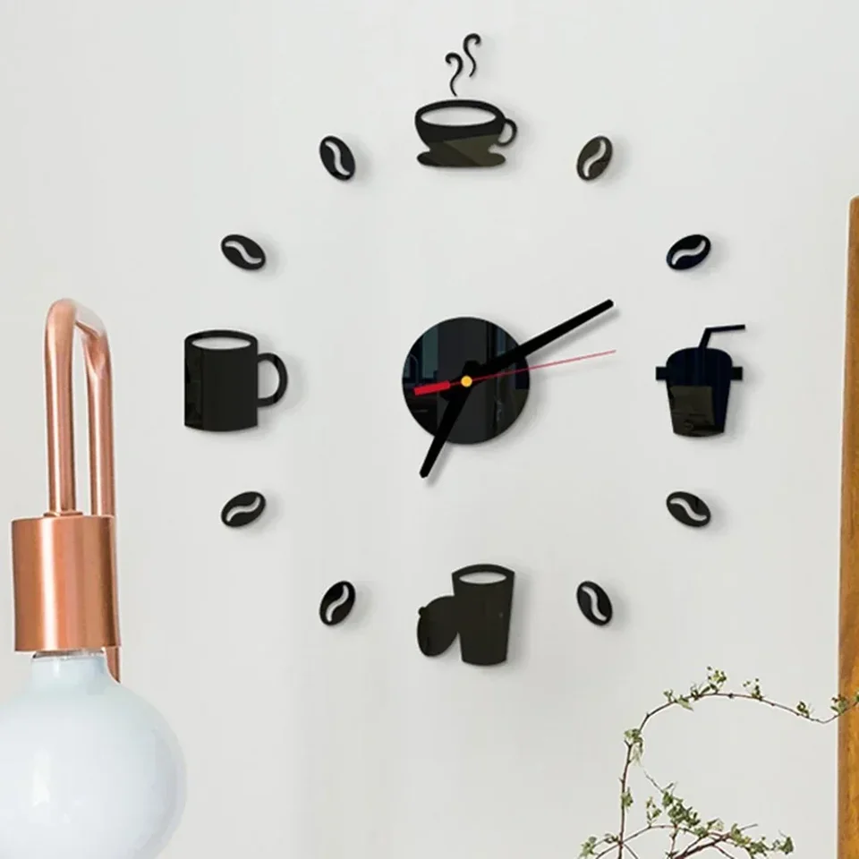 SSyang Orologio da parete fai da te, teiera, 3D, specchio acrilico, tazza da caffè, teiera, orologio da parete moderno, 40 x 40 cm, per casa, hotel