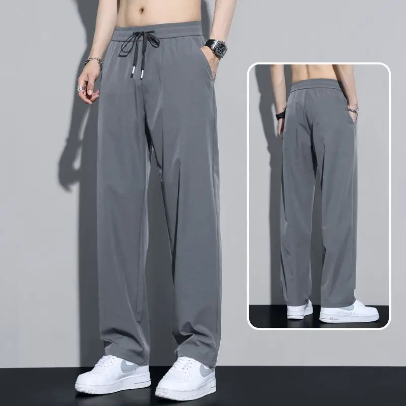 

Anti-wrinkle Ice Silk Summer Man Pants Casual Sweatpants Male Full-length Straight Trousers Elastic Waist Wide Leg