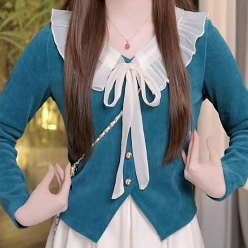 2024 Spring Autumn New Blouses Fashionable Cute Spliced Button Ruffles Bow Slim Long Sleeve Sweet Women's Clothing Shirts Tops