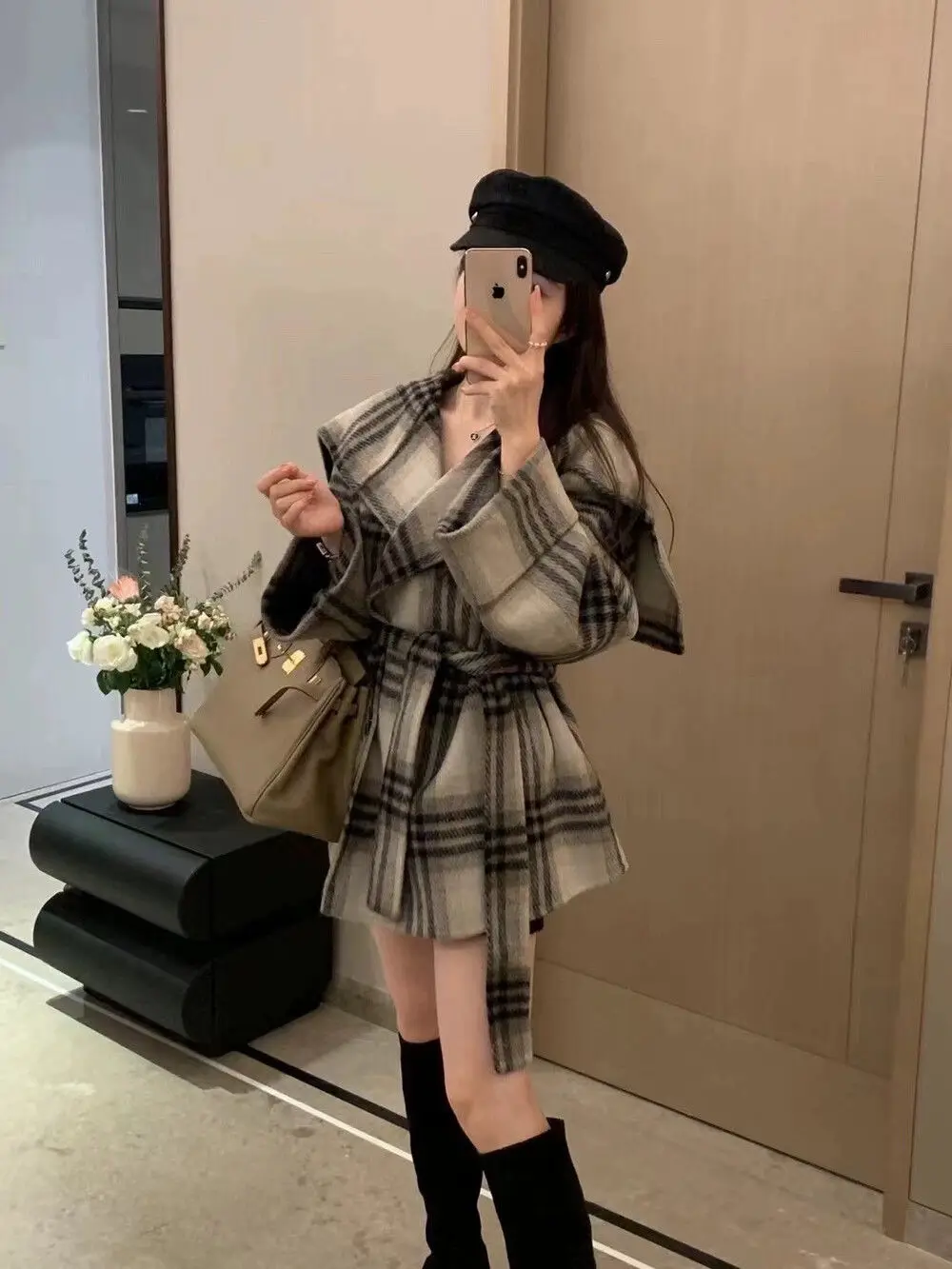 Korean Woolen Coat Belt Plaid Double-Sided Woolen Coat Women'S Casual Outerwear 2023 Autumn Winter