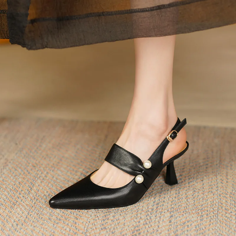 Summer Women Shoes Split Leather Shoes Women Covered Toe Thin Heel Sandals Solid Slingback Pearl Sandals
