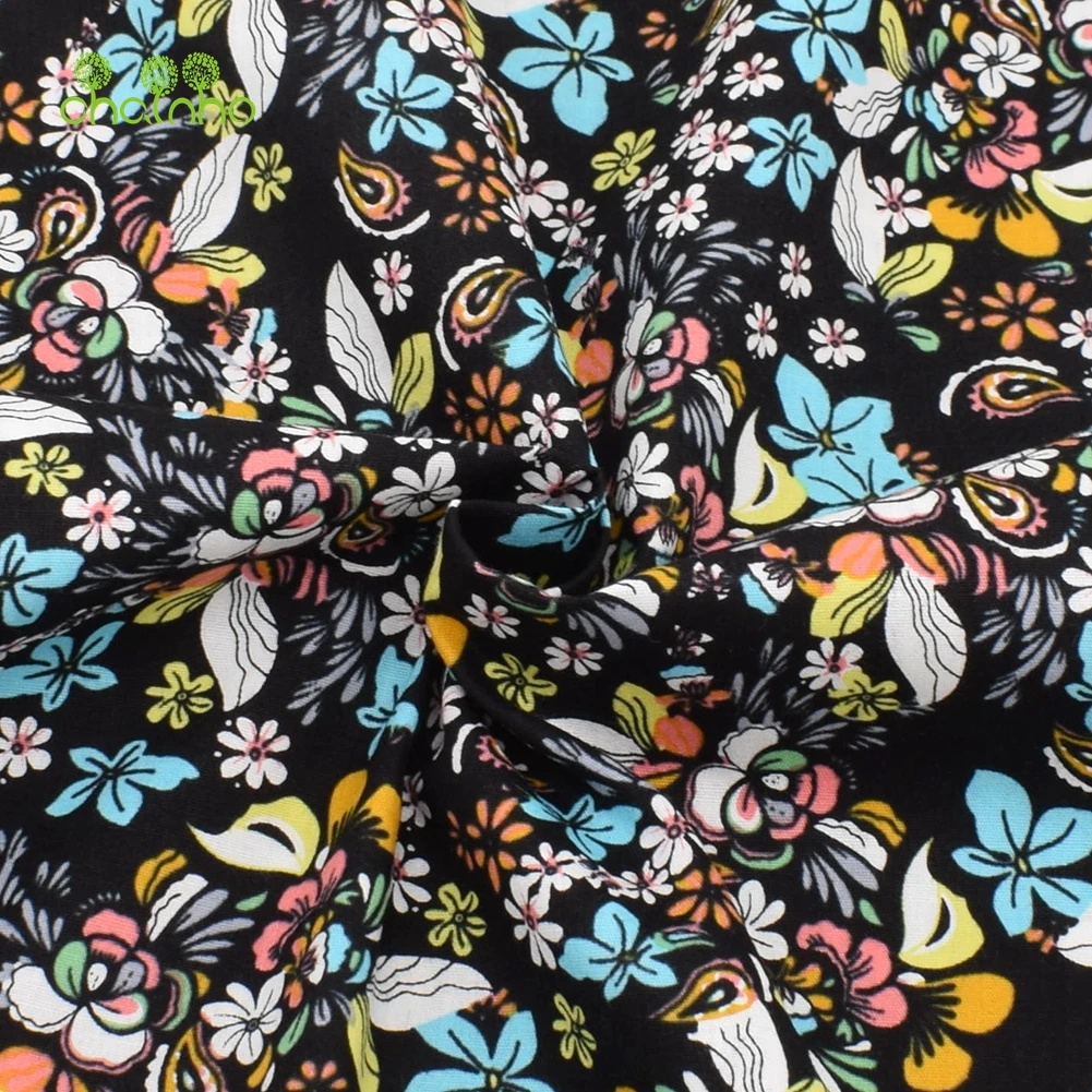 Chainho,Printed Plain Weave Poplin Cotton Fabric,DIY Quilting Sewing Material,Patchwork Cloth,Floral Series,3 Sizes,15PC37