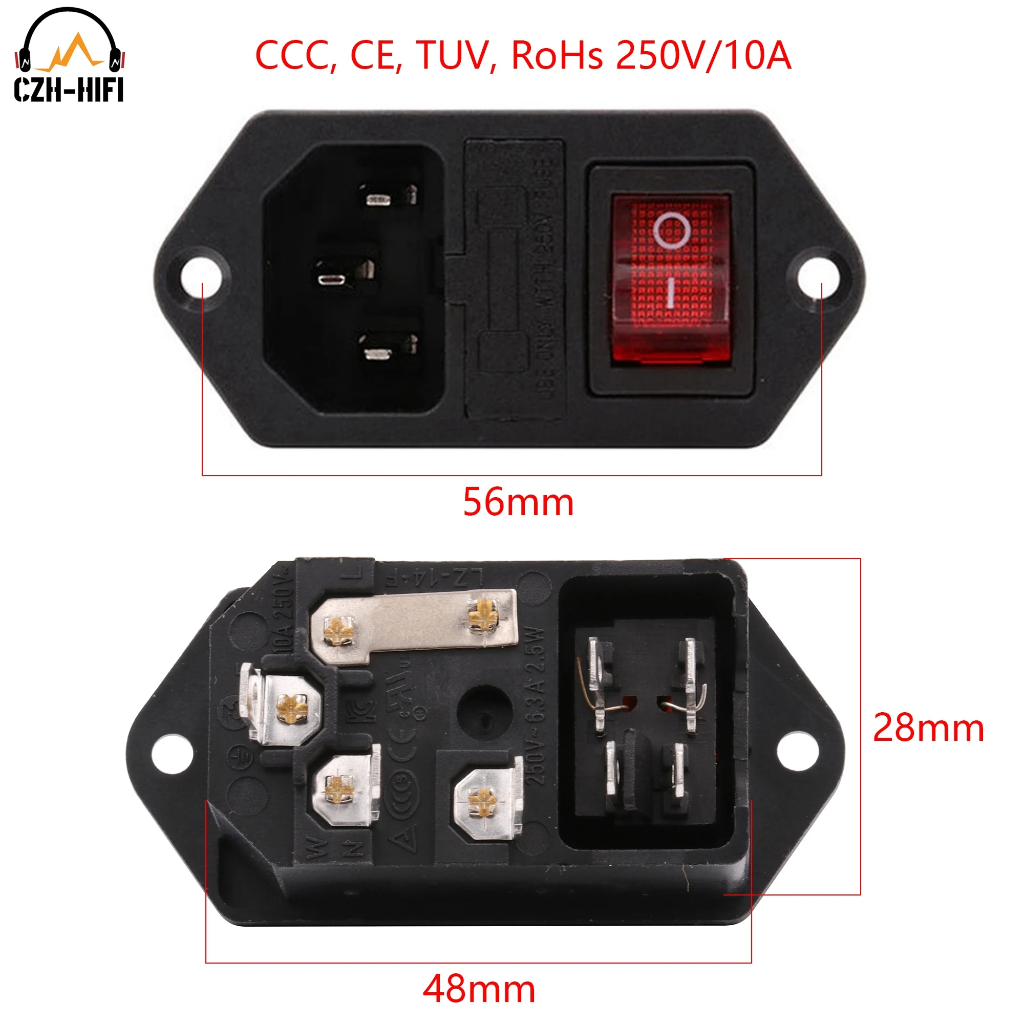 1pc IEC 320 C14 AC Male Power Cord Inlet Power Receptacle Connector Red Light ON-OFF Rocker Switch CCC,CE,TUV PC DAC CD TV