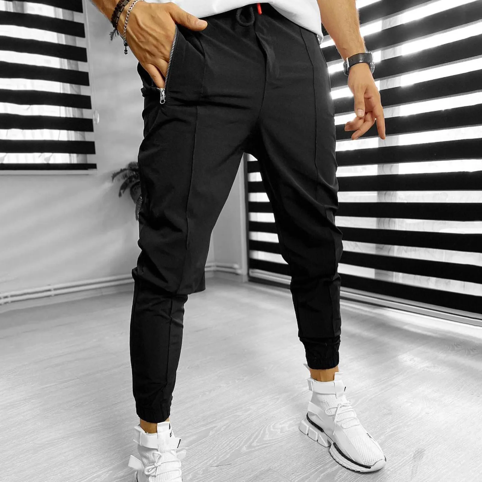 red sweatpants Men's Fashion Pants Sweatpants Zipper Casual Thin High Elastic Sports Breathable Quick-drying Trousers Pockets Jogging Pants green sweatpants