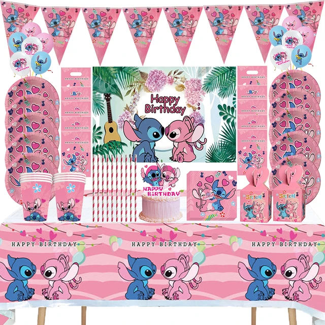 Disney-Juego de vajilla desechable de Lilo y Stitch, Decoración de  cumpleaños de Ángel rosa, telón de fondo para niños, suministros de fiesta  para niñas, regalo - AliExpress