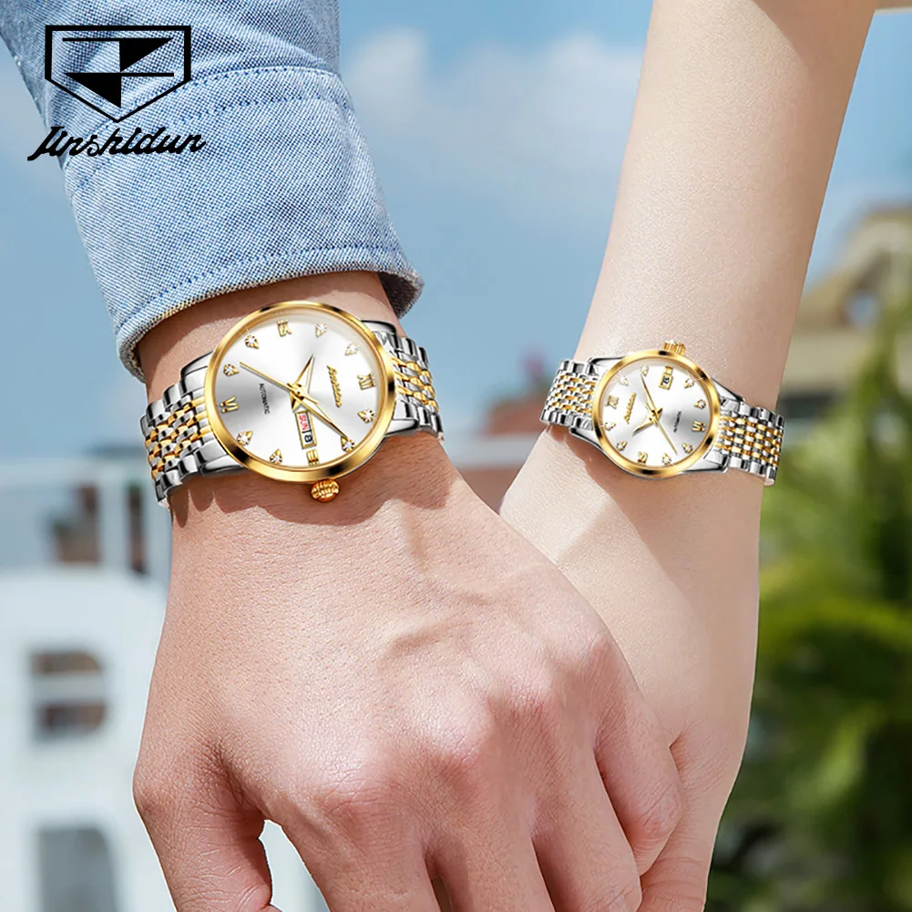 JSDUN 8807 Couple Watches Fashion Business Auto Date Stainless Steel Dress Wristwatch Original Waterproof Mechanical Watches