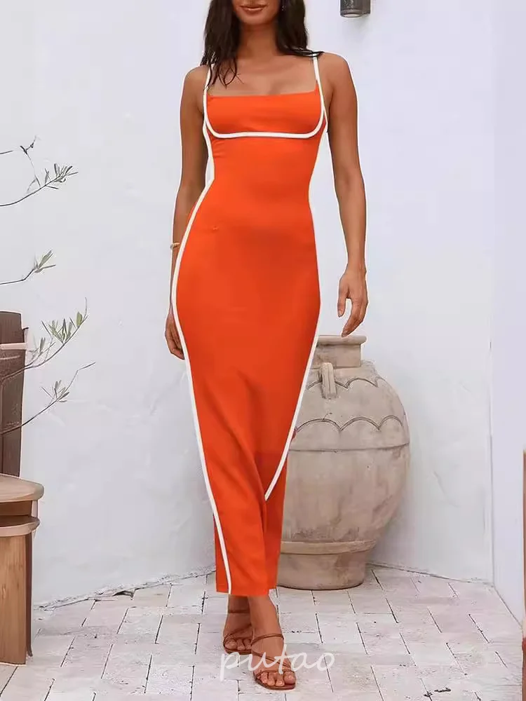 Putao Women Long Prom Party Dress Black White Contrast Color Spaghetti Strap Backless Slim Dress Elegant Evening Gown