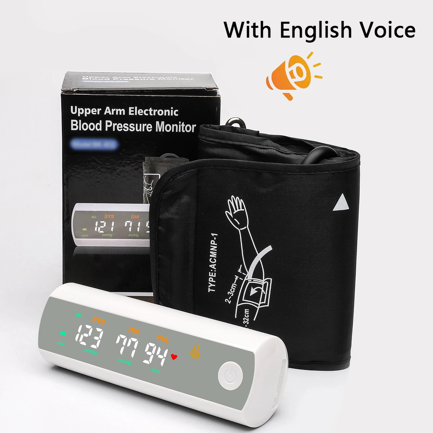 Rechargeable Blood Pressure Meter English Voice Digital ARM Sphygmomanometer Heart Rate Pulse Meter Measure Monitor Health Care