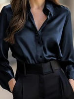 Elegant  Satin Long Sleeve Blouse for Women   Button-Up Collar Shirt Perfect for Casual or Professional Wear - Image 4