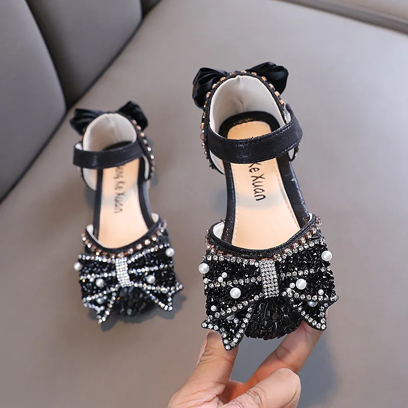 

2023 New Summer Girls Sandals Fashion Sequins Rhinestone Bow Girls Princess Sandals Baby Shoes Flat Heel Sandals H536