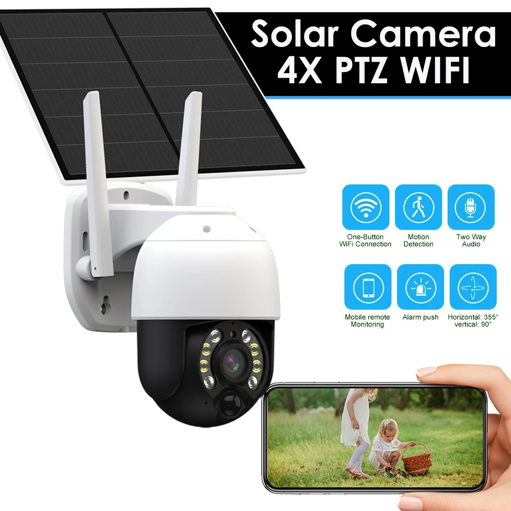 

Solar Panel Wifi IP Camera 360 Outdoor 4X Zoom AI Human Detect Wireless P2P 2 Way Audio 1080P 3MP Home Baby Security CCTV Camera