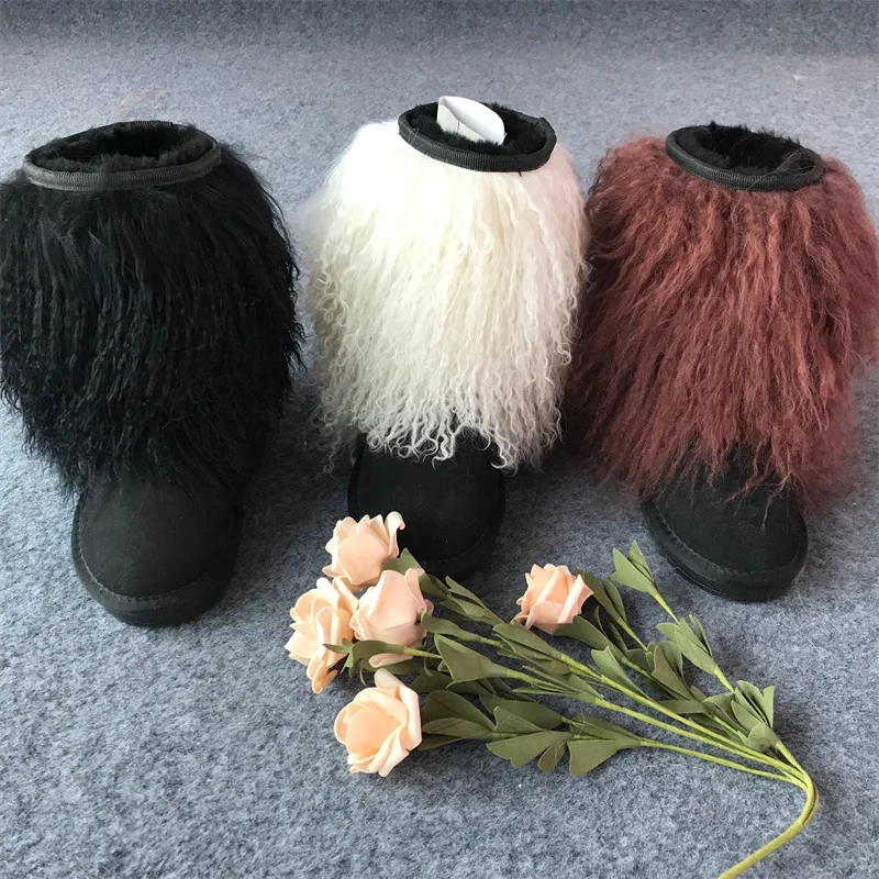 

Curly Long Hair Real Mongolian Sheep Fur Boots Winter Women Fashion Fur Snow Boots