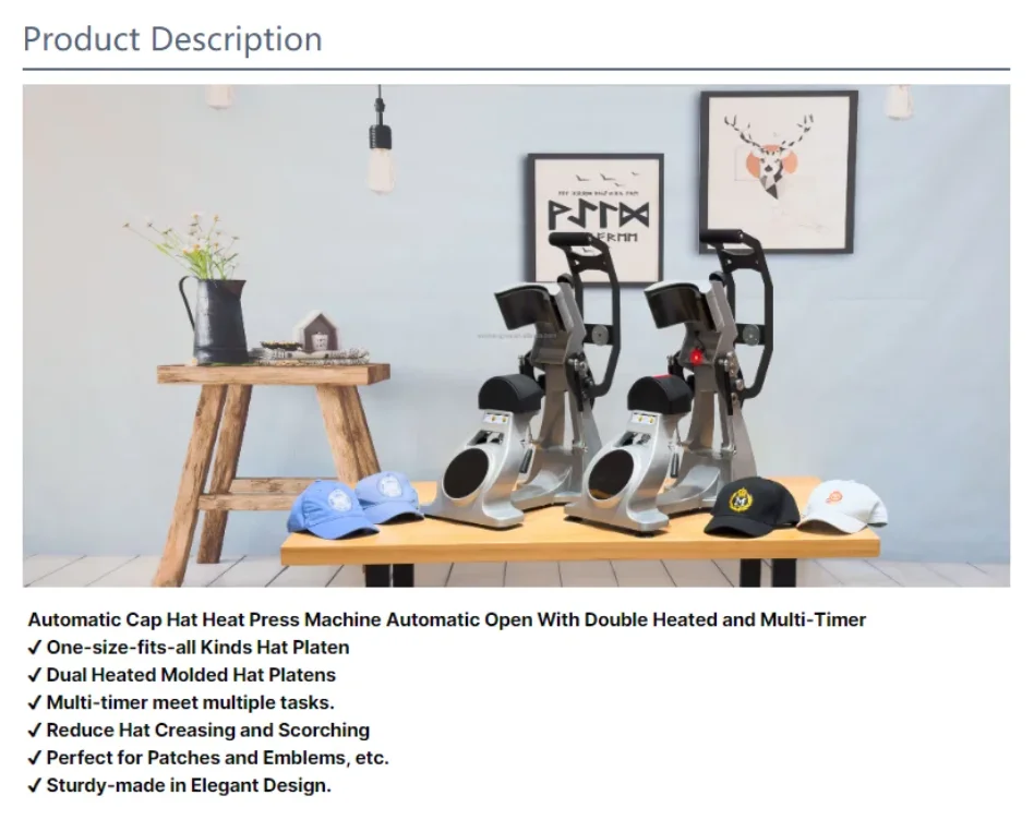 New Digital Double Heater Automatic Open Printing Hat Cap Heat Press Machine With Multi-Timer 3 Cap Mats Included