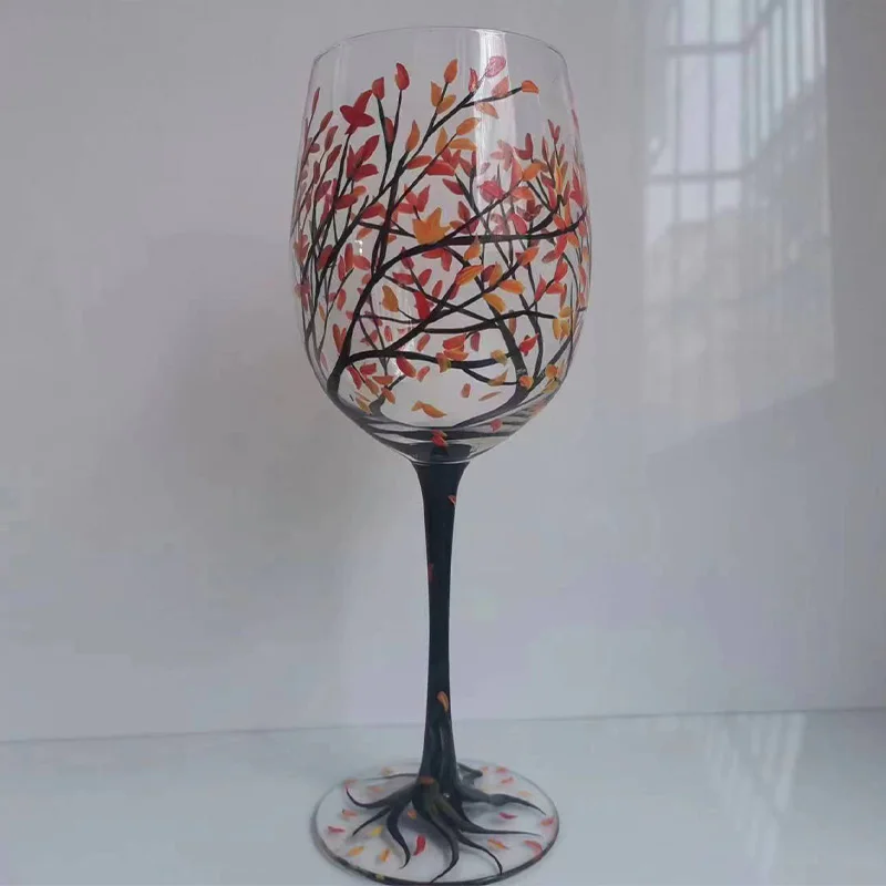 Glass Drinkware Whiskey Glass Four Seasons Trees Printed High Legged Glass Cup Set for Wine Beer Cocktail