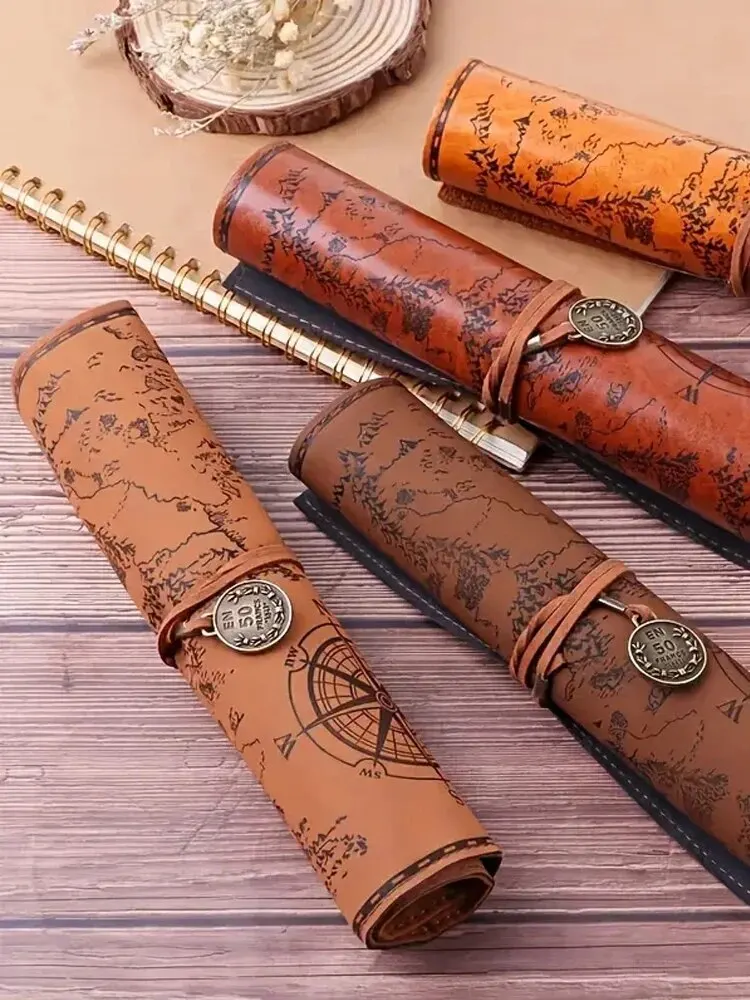 Pencil Case 1PC Creative Treasure Map Retro Leather Large Capacity Roll Pencil Bag Embossed Buckle Simple Stationery Box Roll