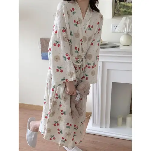 여성용 캐주얼 느슨한 크레이프 코튼 로브, 레이스업 목욕 가운, 달콤한 기모노, 체리 베어 프린트 드레싱 가운, S-XL, 봄, 가을 4